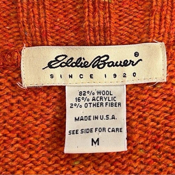 Vintage 90s Eddie Bauer Wool Blend Sweater Mens Medium Orange V Neck Made In USA - Picture 8 of 12